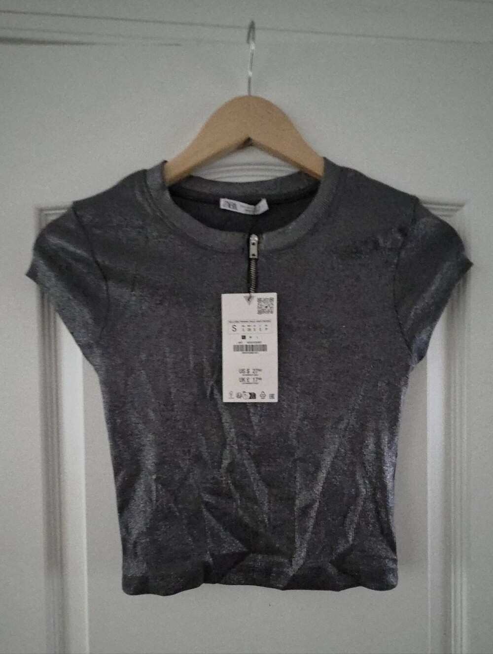 [BNWT] Zara Silver Metallic Shimmer Quarter Zip Short Sleeve Top Size Small